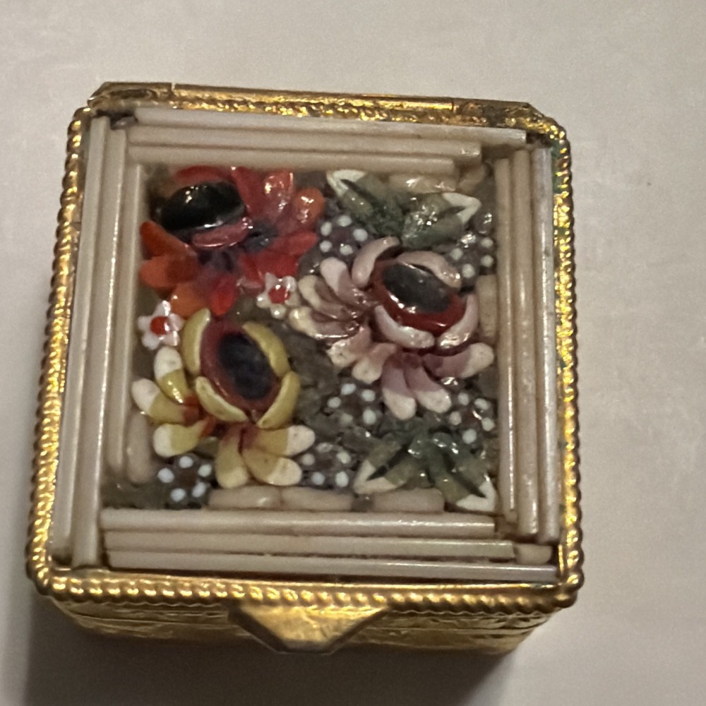 Antique Victorian Micro Mosaic Floral Italy Trinket Pill Box Brass